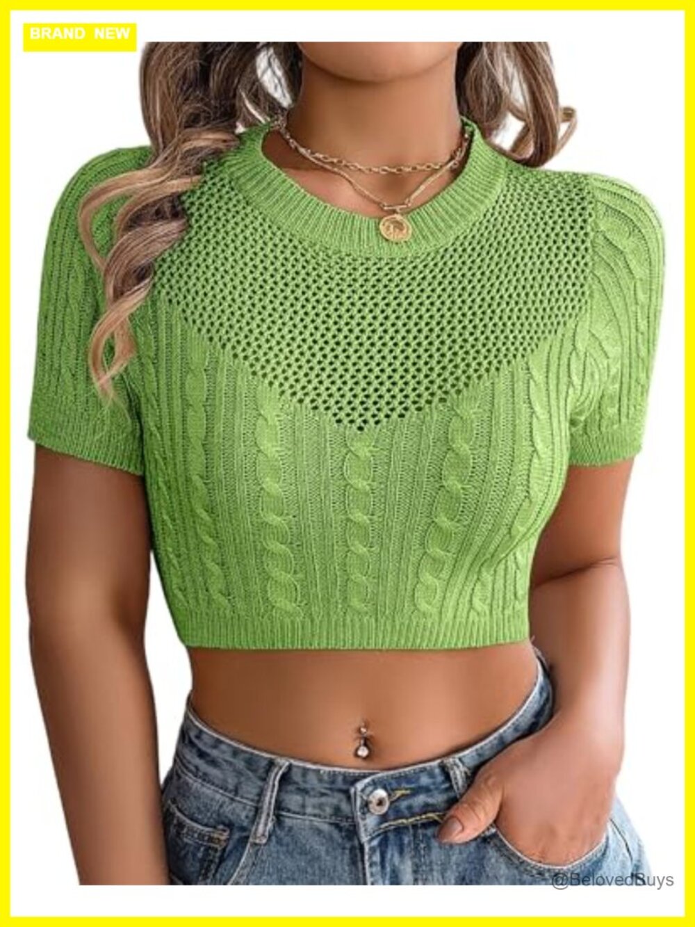 Cable Knit Cropped Short Sleeve Sweater, Openwork, Going Out Top